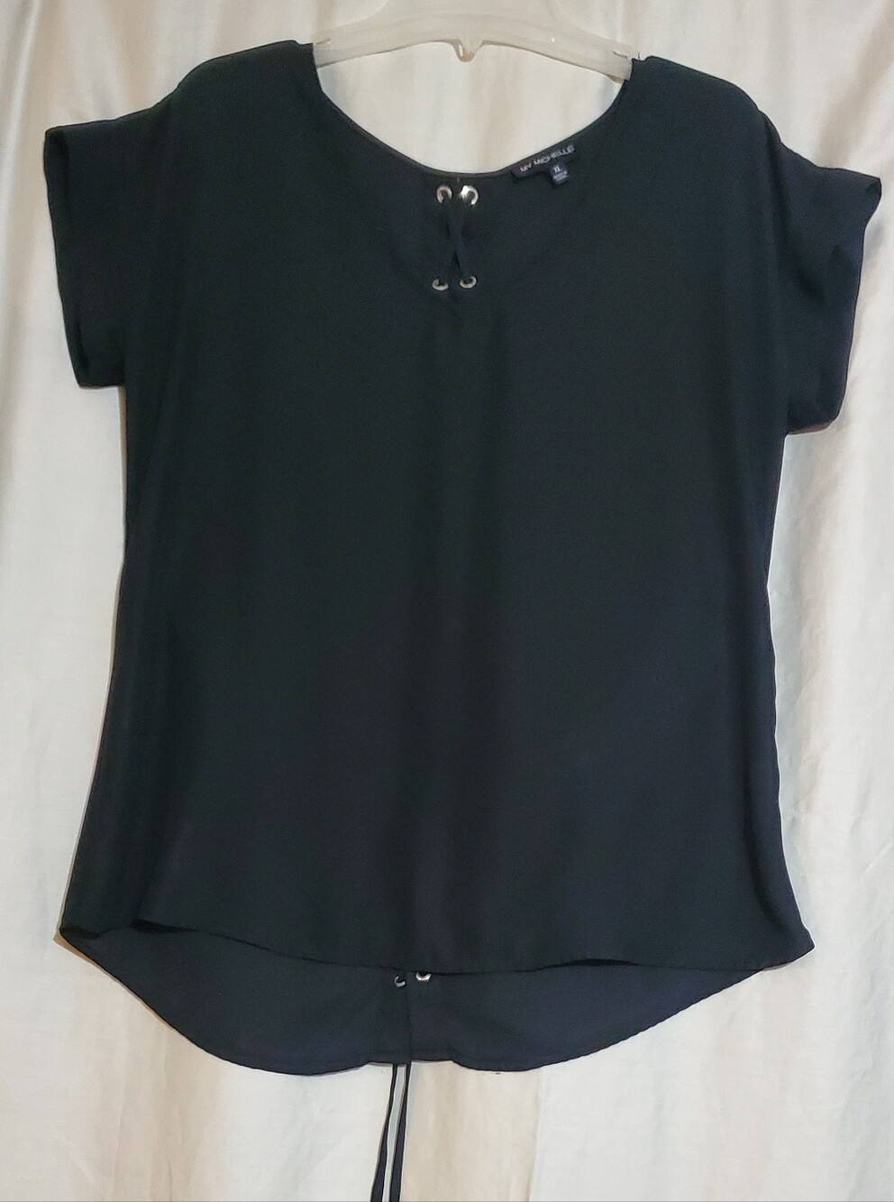 My Michelle Black Lace-Up Hem Short Sleeve Blouse